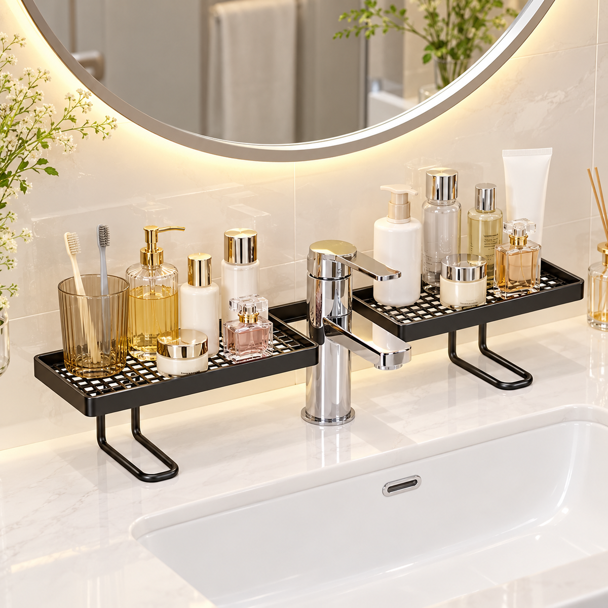 Black Faucet-Bridge Vanity Shelf in a bathroom setting; display props not included
