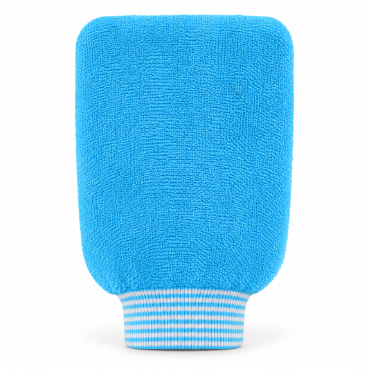 Blue Dual-Texture Bath Mitt on white