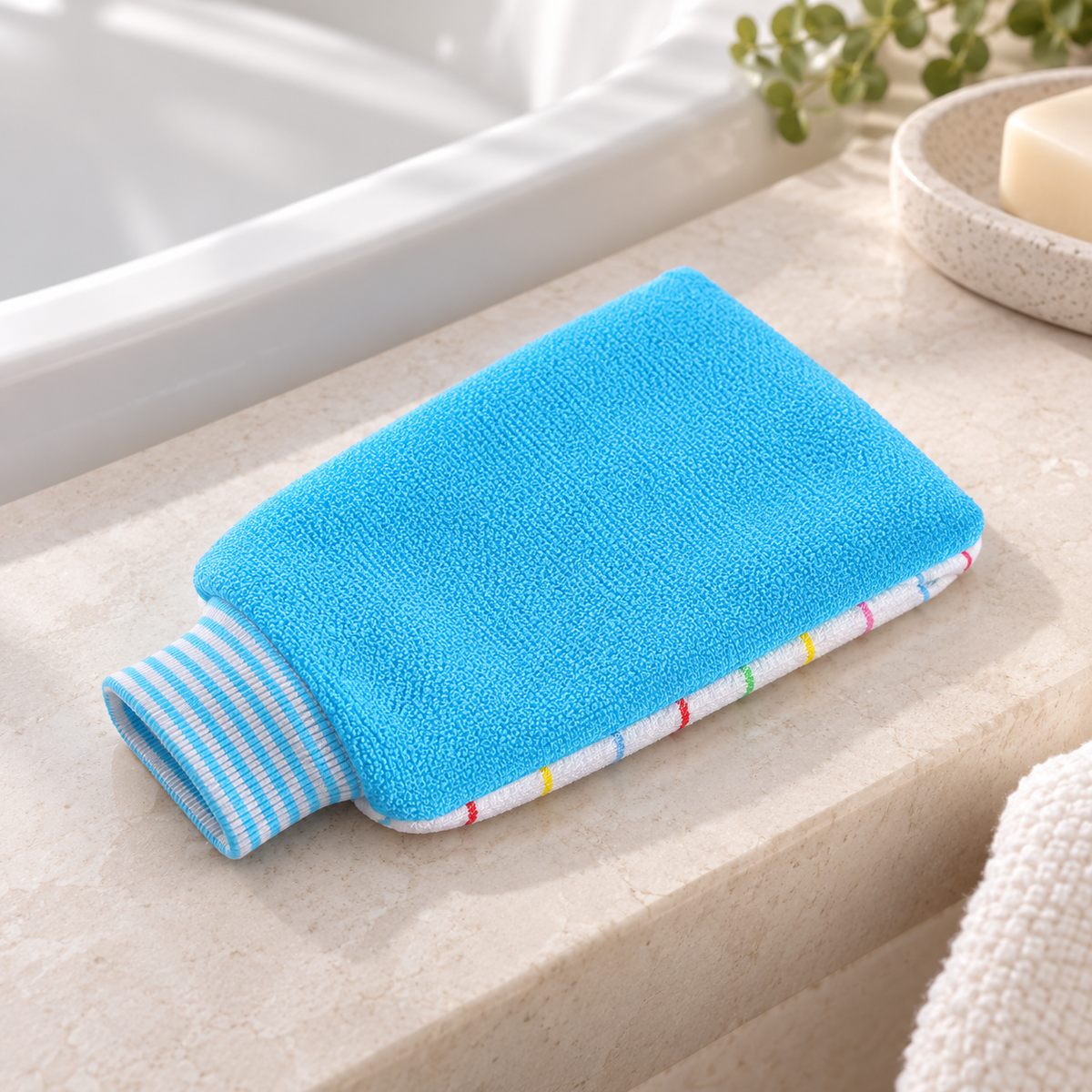 Blue Dual-Texture Bath Mitt in a bathroom setting; display props not included