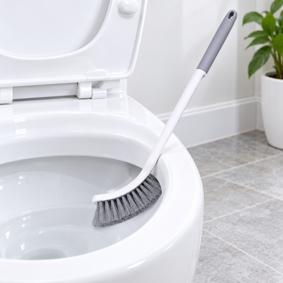 Curved Toilet Rim Brush in a bathroom setting; display props not included