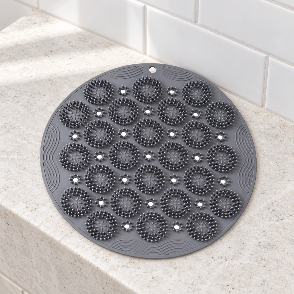 Gray Silicone Shower Scrub Pad in a bathroom setting; display props not included