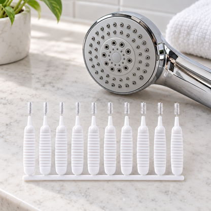 Shower Nozzle Cleaning Brushes, Pack of 10 in a bathroom setting; display props not included