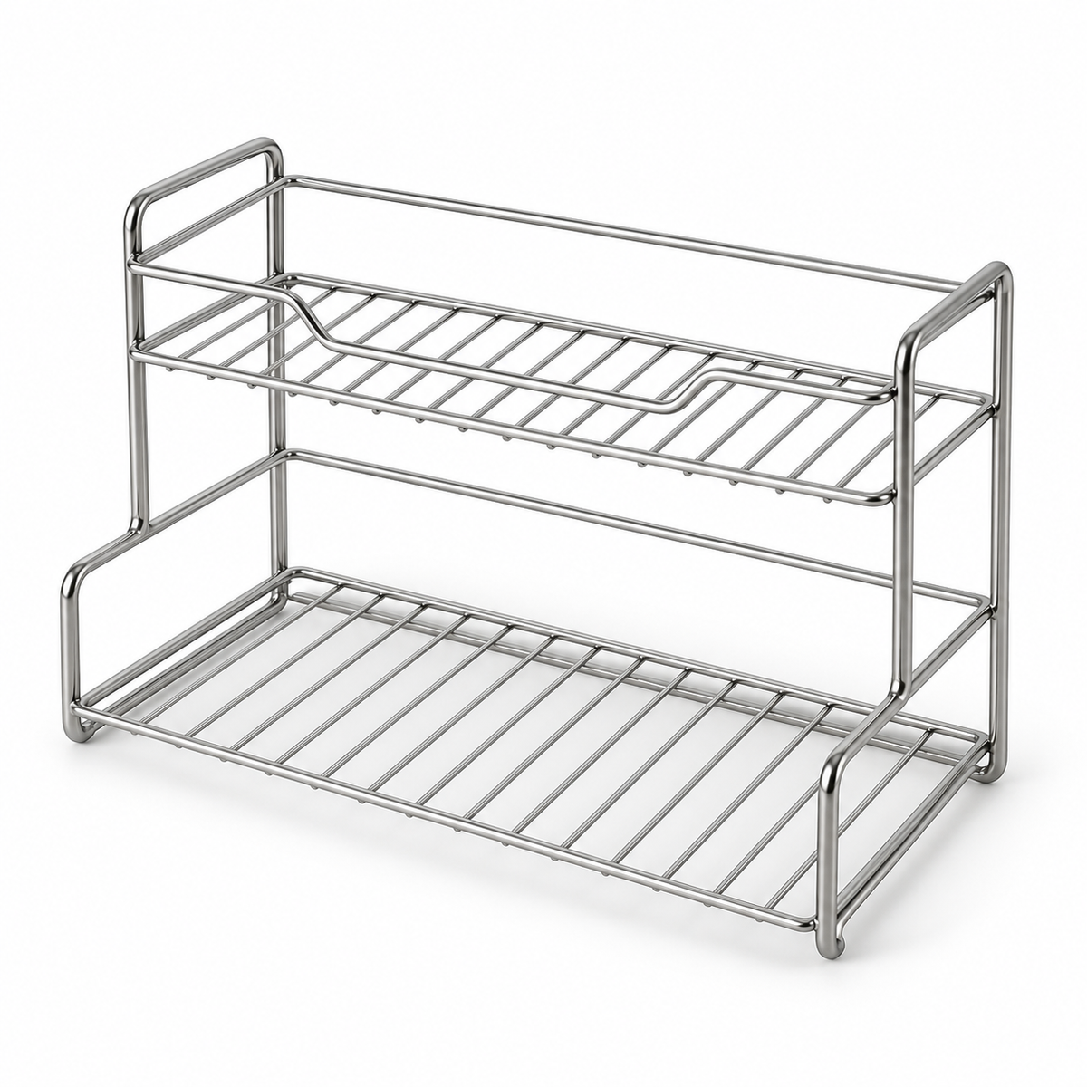 Silver two-tier wire vanity rack on white