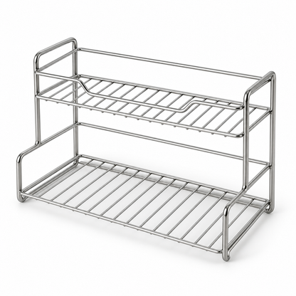 Silver two-tier wire vanity rack on white