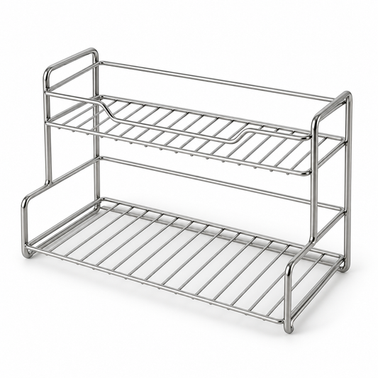 Silver two-tier wire vanity rack on white