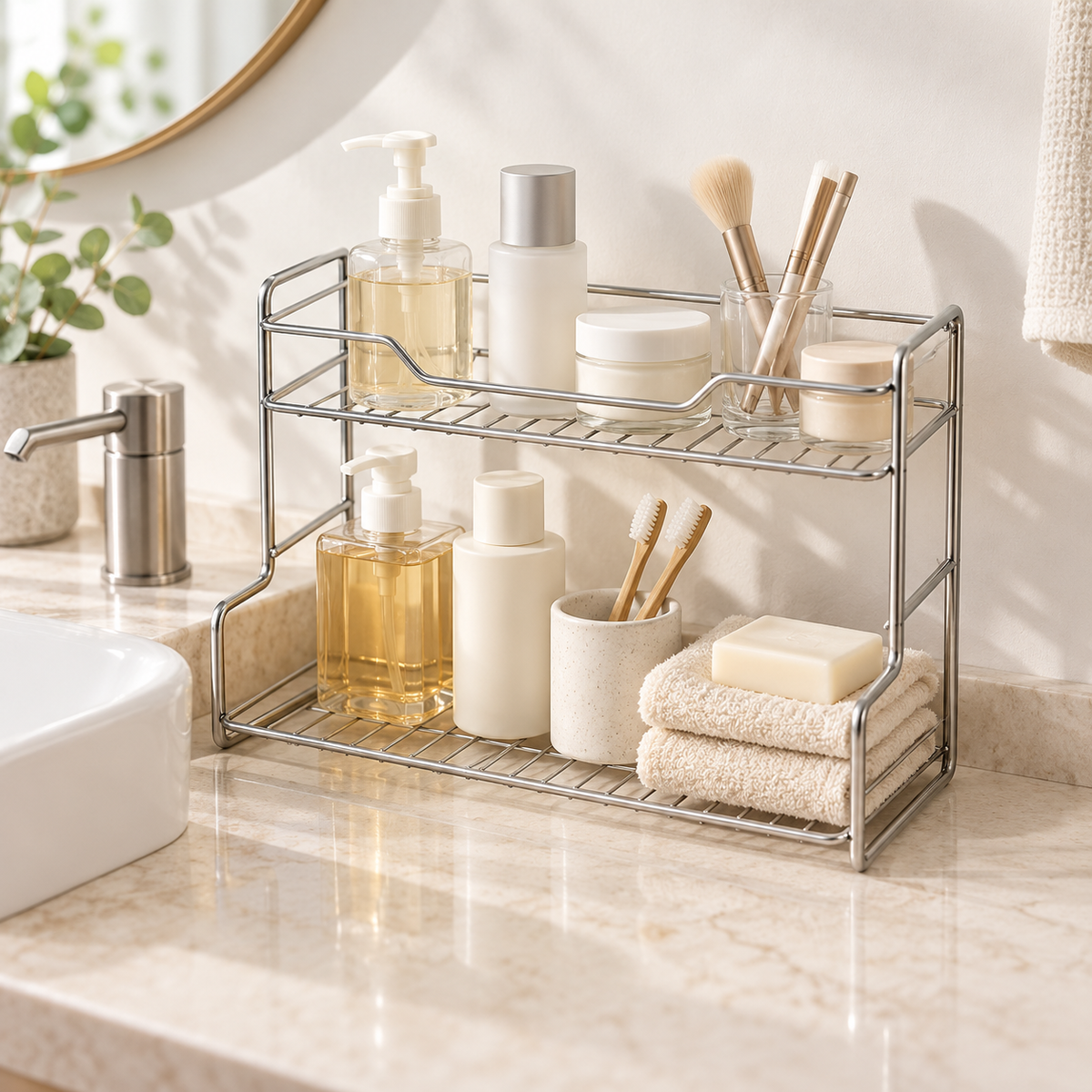 Silver rack on a bathroom vanity; toiletries shown for scale are not included