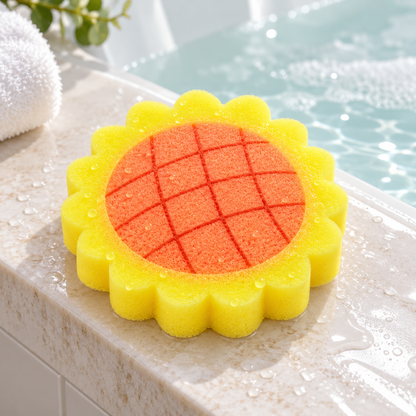 Sunflower Bath Sponge, Assorted Color in a bathroom setting; display props not included