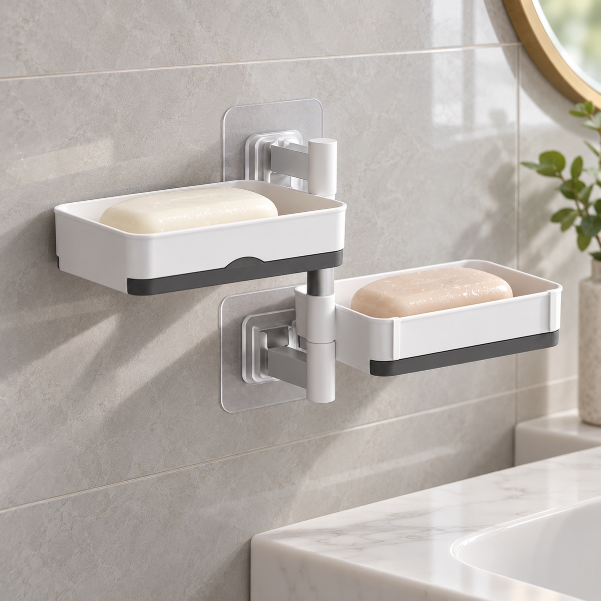 Two-Tier Swivel Soap Holder in a bathroom setting; display props not included